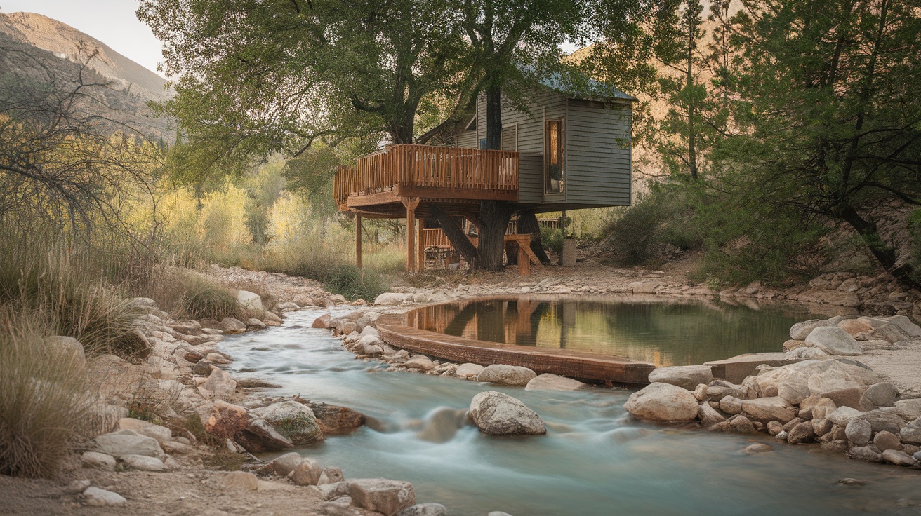 A secluded treehouse by a mountain stream, surrounded by trees and rocky terrain.