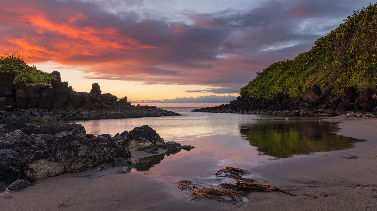 A beautiful secret beach cove in Hawaii at sunset, featuring rocky formations and calm waters