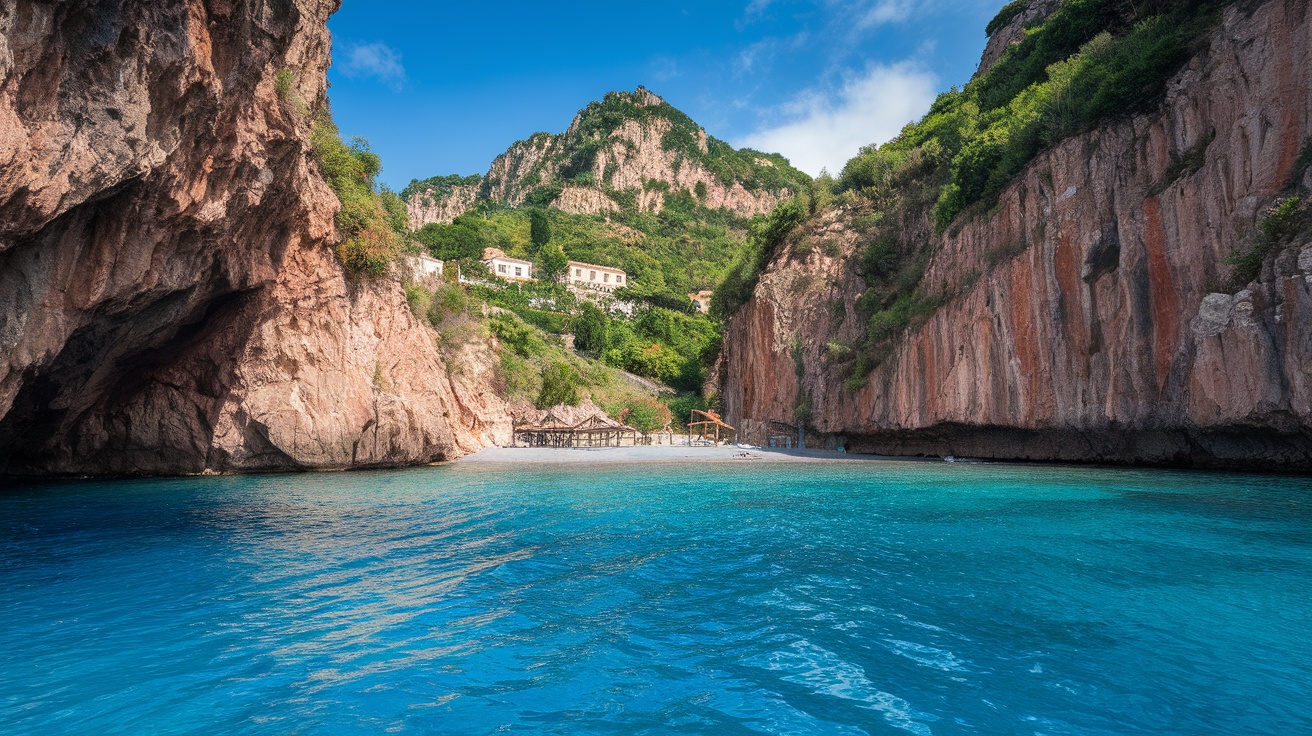 A serene hidden beach on the Amalfi Coast, surrounded by cliffs and clear blue waters.