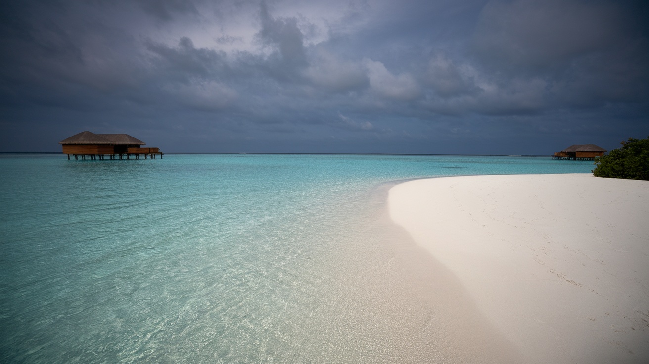 A tranquil stretch of beach in the Maldives with overwater bungalows in the distance and a bright turquoise ocean.