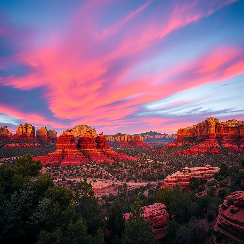 Stunning red rock formations in Sedona, Arizona at sunset with colorful skies.