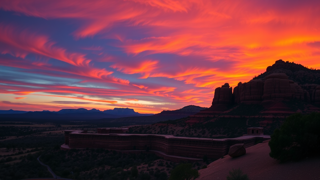 A breathtaking sunset over Sedona, Arizona, showcasing vibrant colors in the sky and the iconic red rock formations.