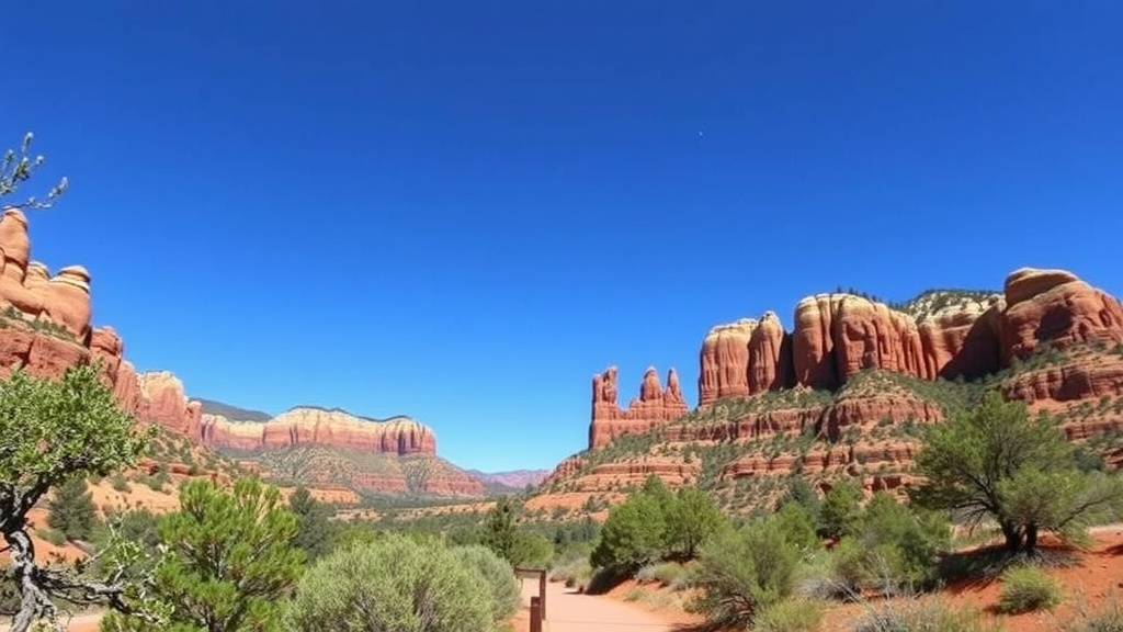 A scenic view of Sedona's red rock formations under a bright blue sky