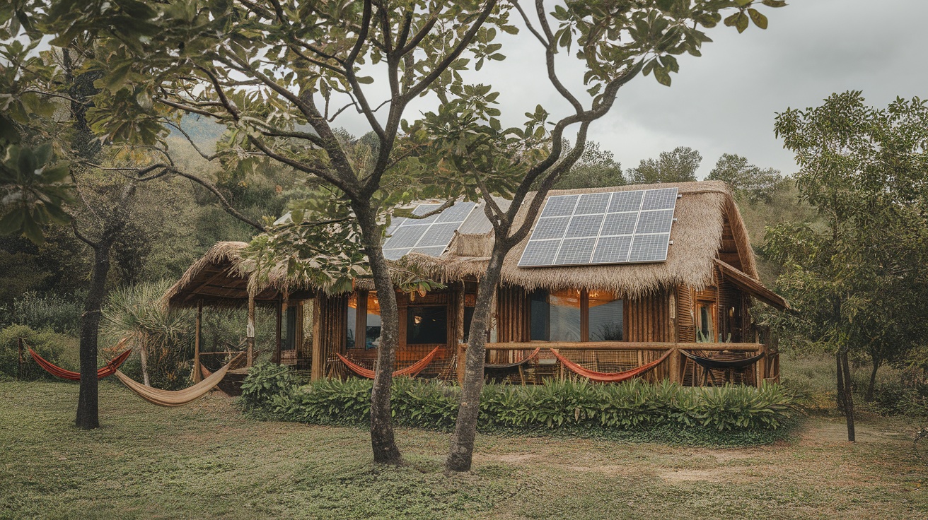 A sustainable accommodation with solar panels and hammocks in a natural setting.