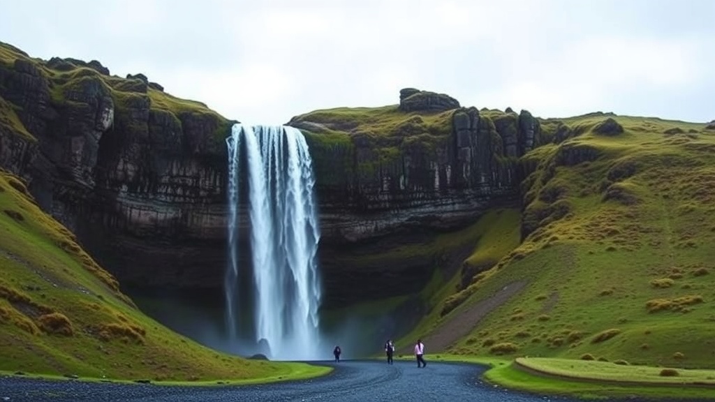 A view of Seljalandsfoss Waterfall with visitors walking in front of it