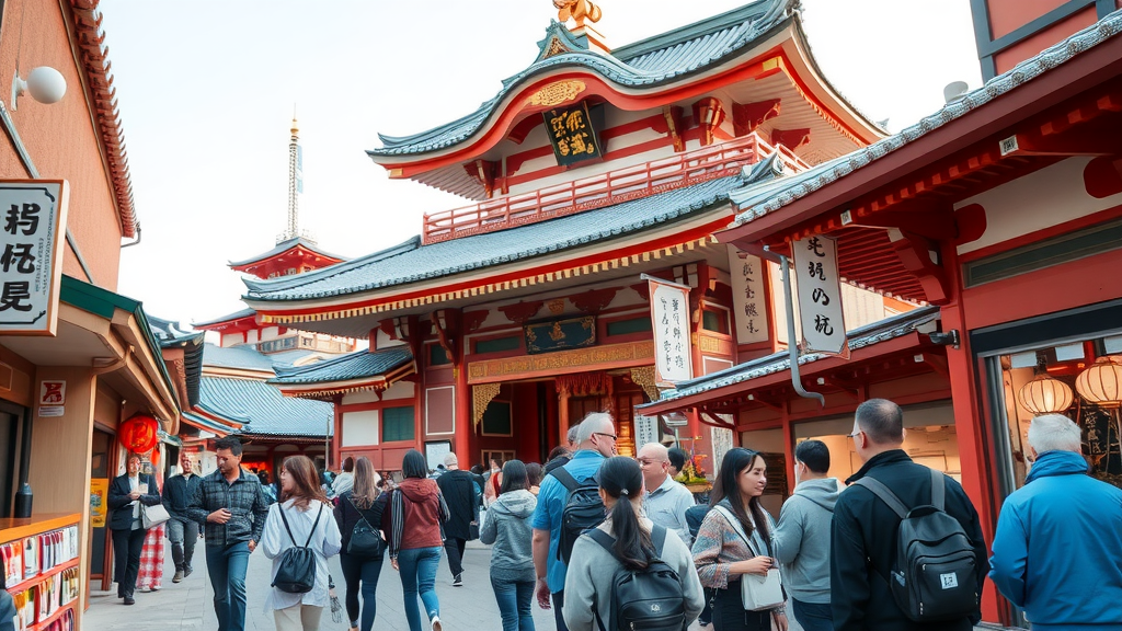 A bustling scene near Senso-ji Temple in Tokyo, with people walking and traditional architecture in the background.