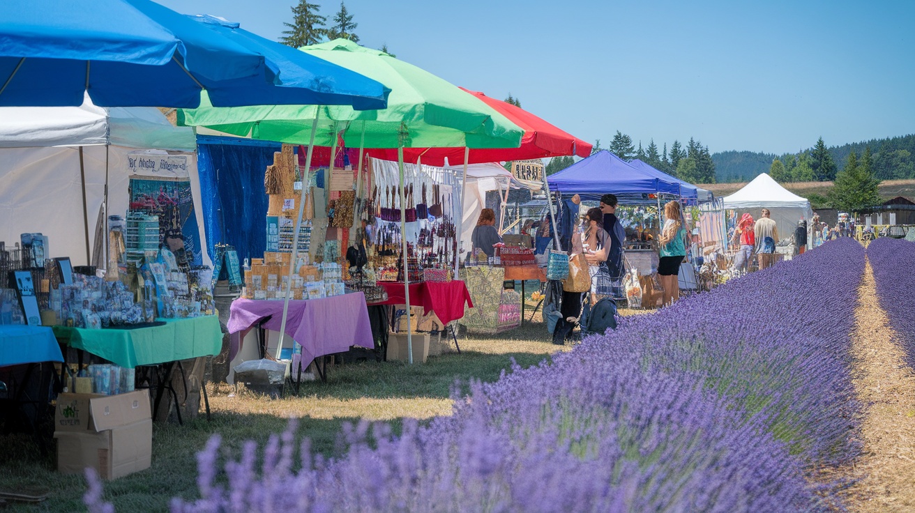 A vibrant scene from the Sequim Lavender Festival with colorful tents and crowds enjoying lavender products.