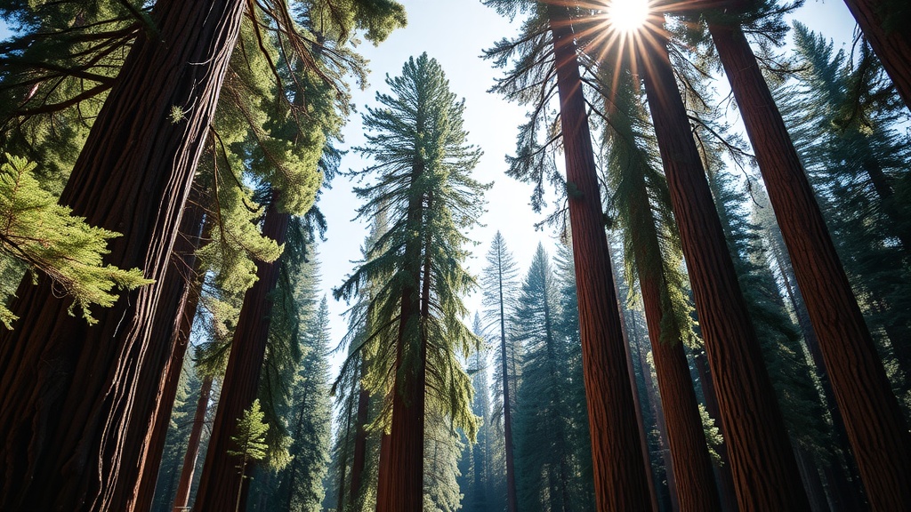 Sunlight shining through the tall sequoia trees in Sequoia National Park.