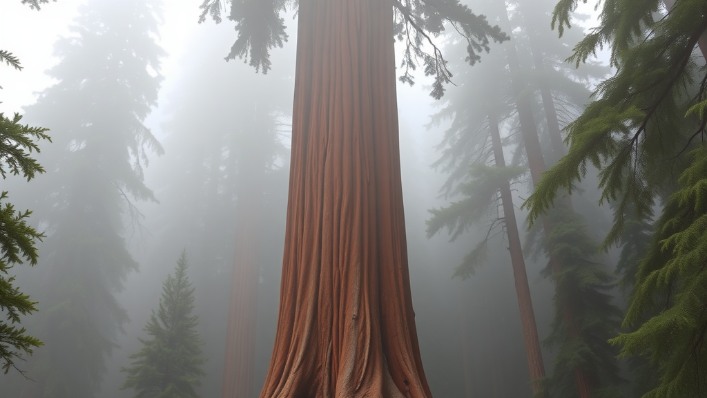 Tall giant sequoia trees in a misty forest