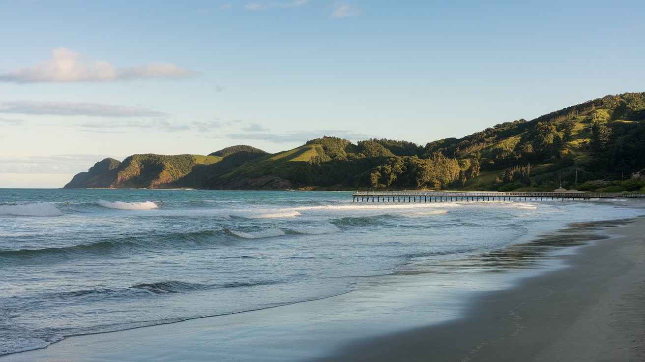 A serene beach in New Zealand with rolling green hills, gentle waves, and a wooden pier.