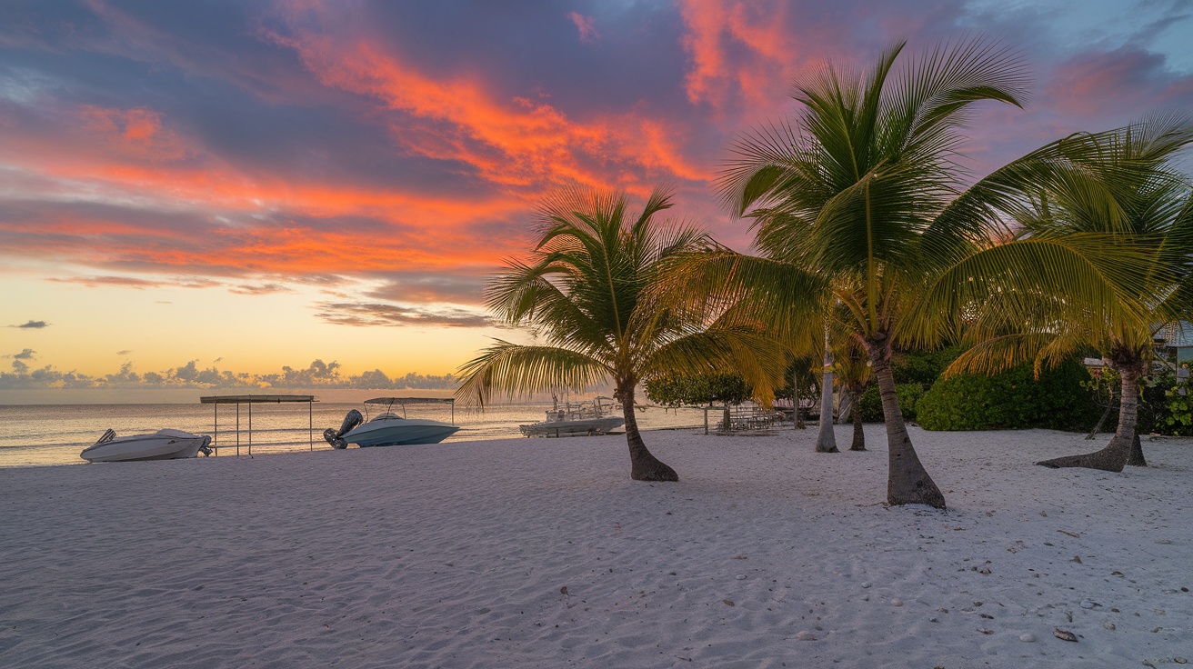 Beautiful sunset at a serene beach in Key West, Florida with palm trees and boats.