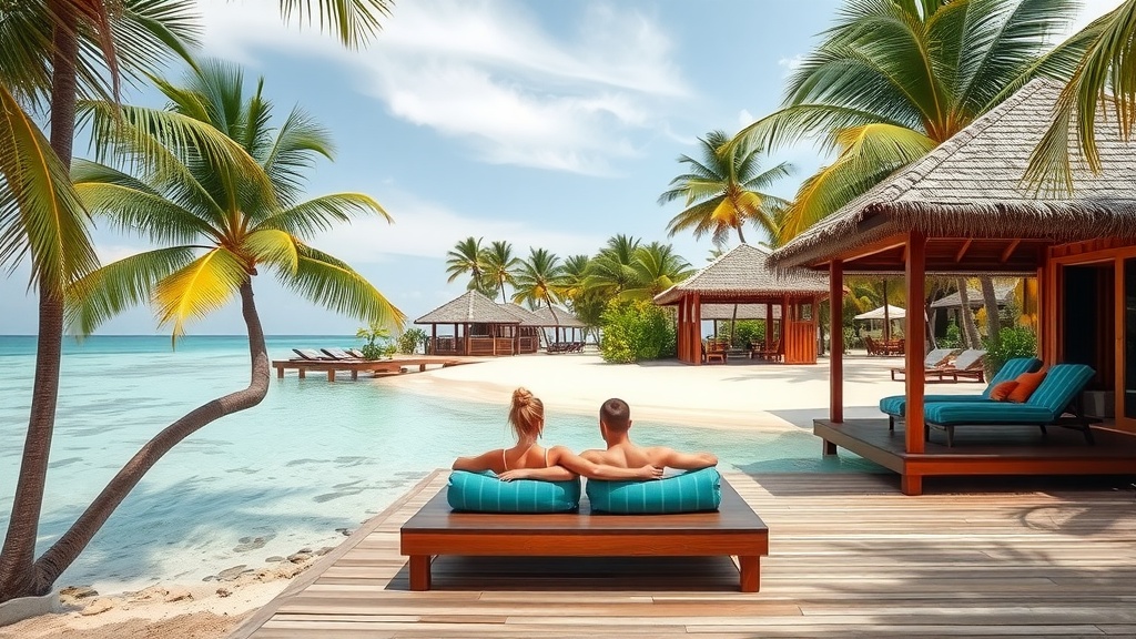 Couple relaxing by a serene beachfront bungalow in Thailand