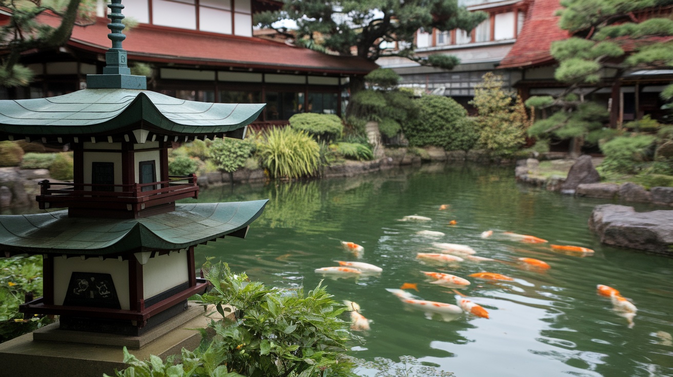 A tranquil scene at the Japan Pavilion with a koi pond and traditional Japanese lantern.