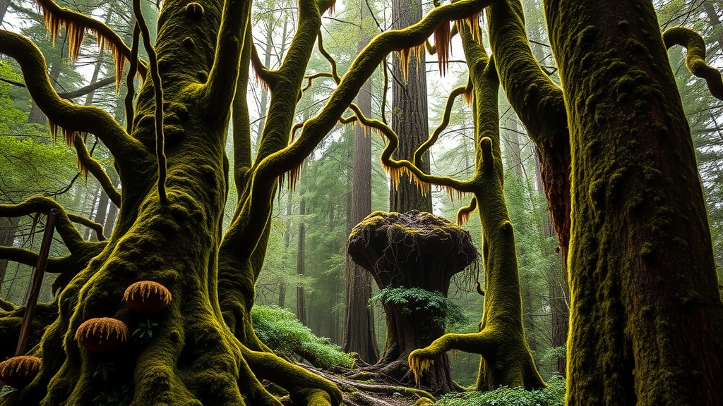 A lush scene from the Hoh Rainforest showing moss-covered trees and vibrant greenery.