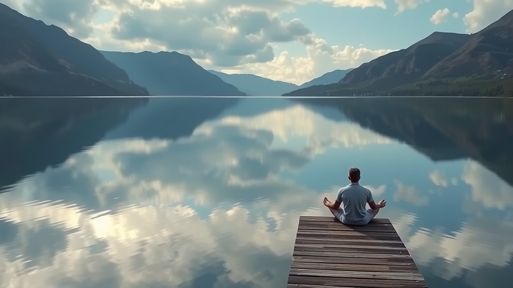 Person meditating on a wooden dock by a calm lake with mountains in the background.