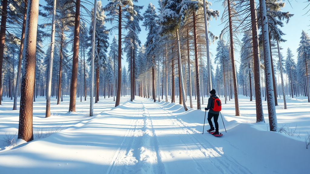 A person snowshoeing on a snowy trail in a forest in Finland.