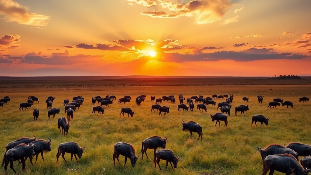 A stunning sunset over the Serengeti National Park with herds of wildebeest grazing in the foreground.