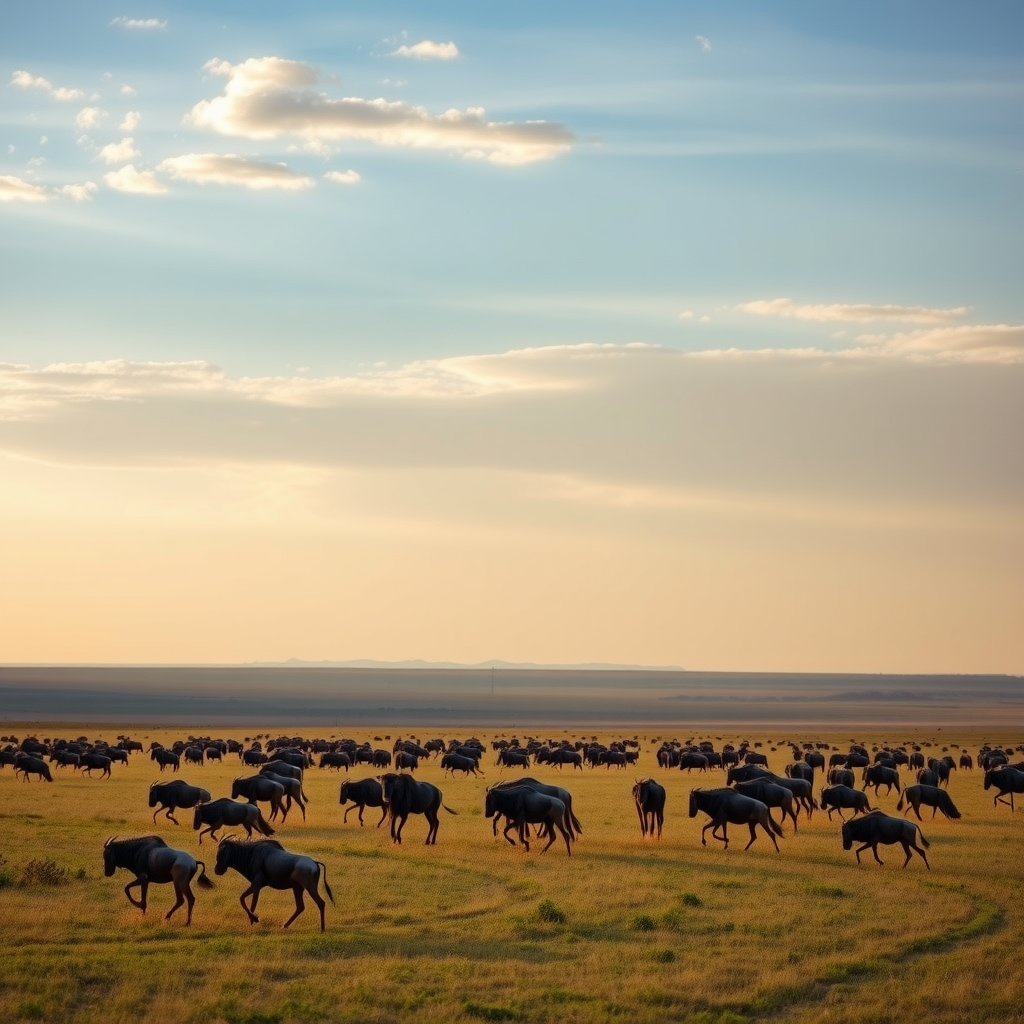 A wide landscape filled with herds of wildebeest grazing in Serengeti National Park under a beautiful sky.