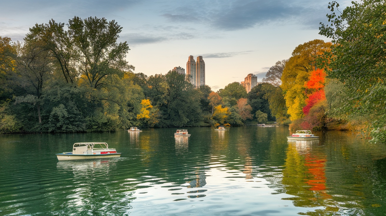 A tranquil view of The Lake in Central Park with boats and colorful trees