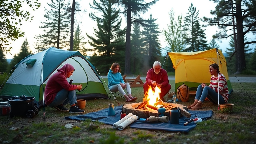 A camping map with activities listed and camping gear beside it.