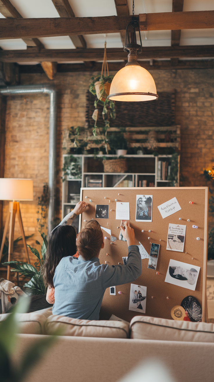 A couple creating a vision board together, surrounded by plants and warm lighting, in a cozy living space.