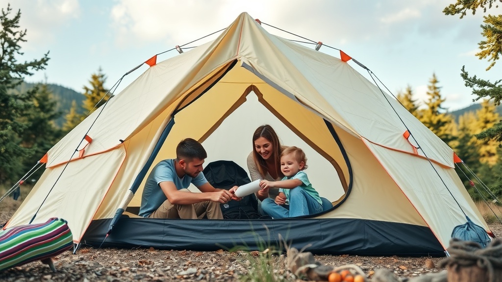 Two people relaxing in a tent with mountains in the background.