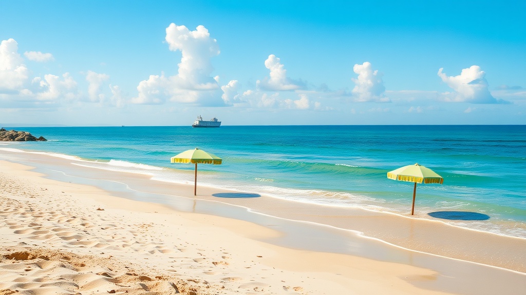 A beautiful view of Seven Mile Beach with yellow umbrellas and clear blue water