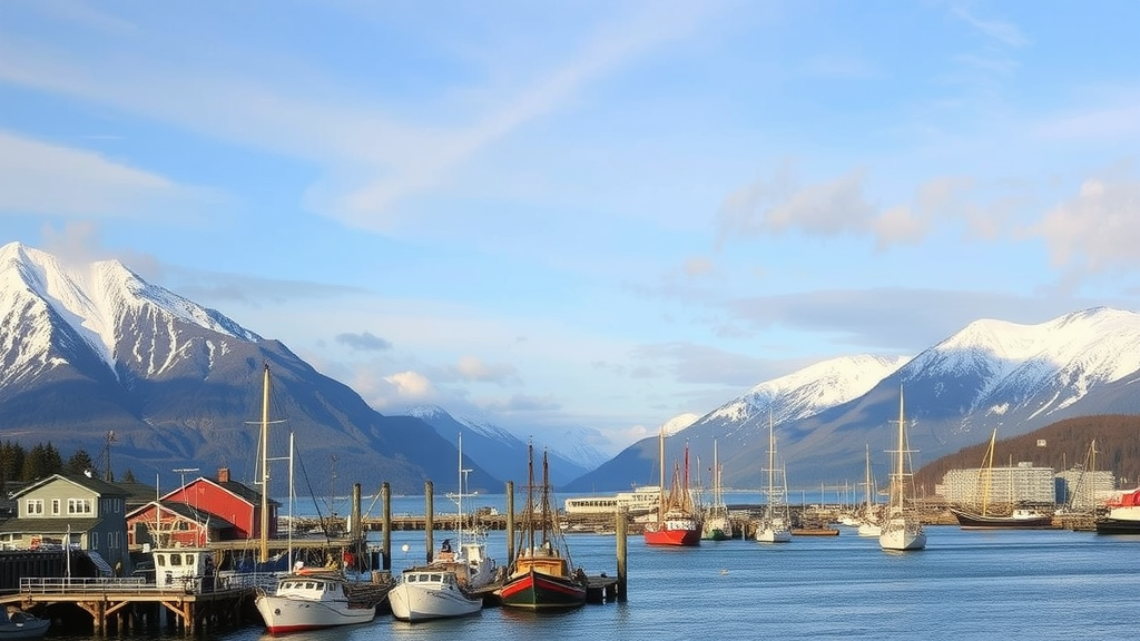 A scenic view of Seward, Alaska, featuring boats in the harbor and mountains in the background.