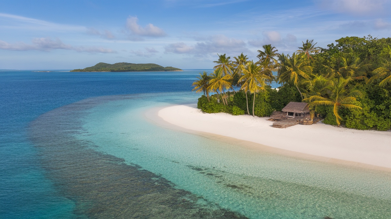 A serene view of a tropical beach in Seychelles with palm trees and clear water.