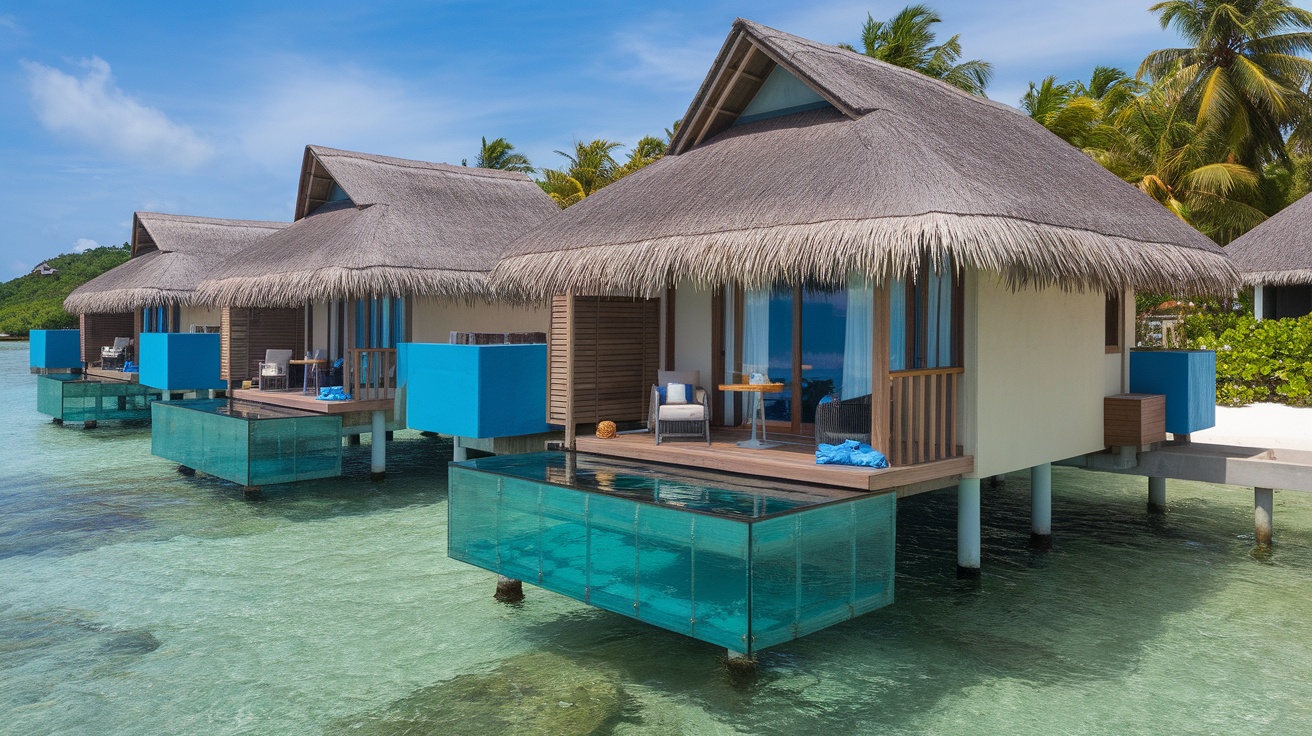 Overwater bungalows in Seychelles with clear blue water and palm trees