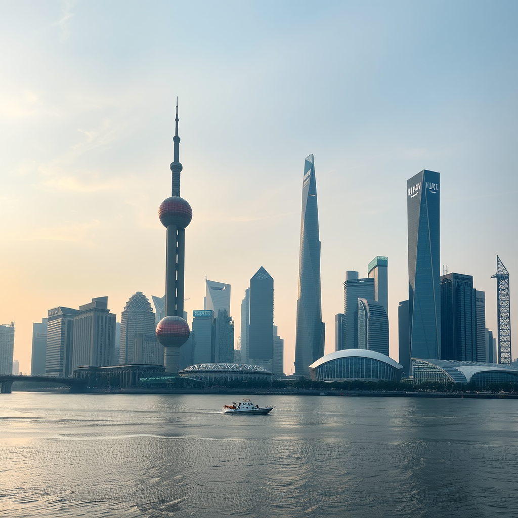 Shanghai skyline featuring the Oriental Pearl Tower and modern skyscrapers along the Huangpu River.