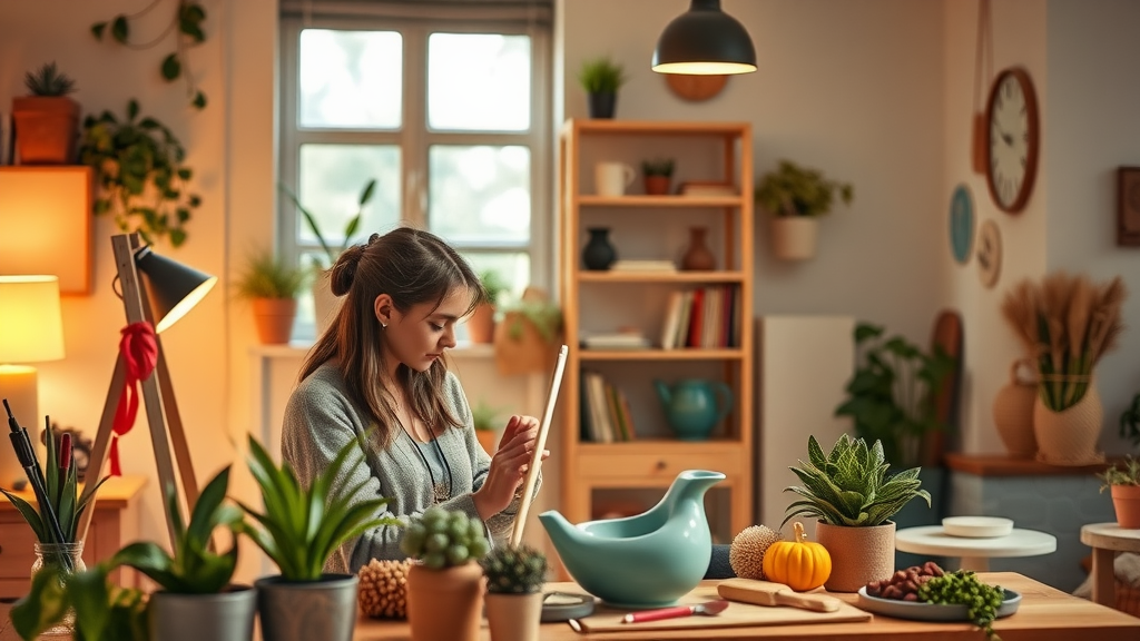 A woman enjoying a creative hobby in a cozy, plant-filled workspace.