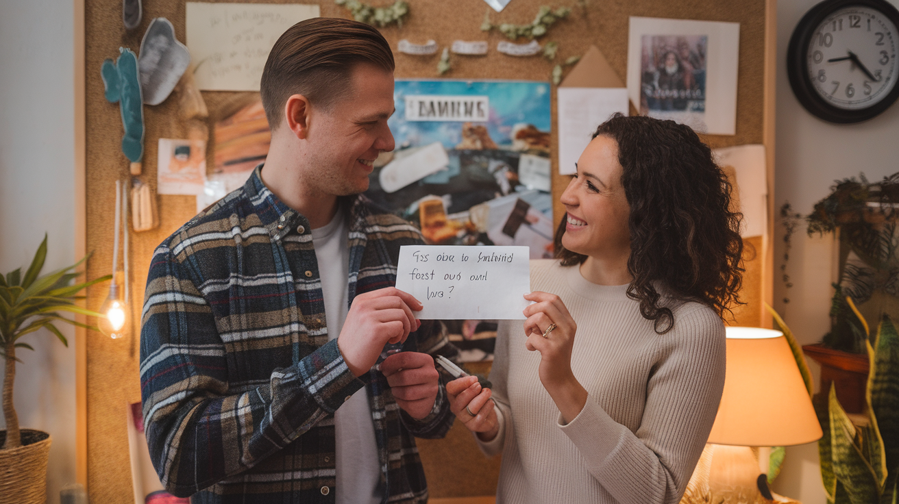 A couple smiling at each other while discussing future goals.