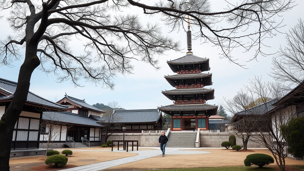 Shitenno-ji Temple in Osaka, Japan, featuring a five-story pagoda and tranquil gardens.