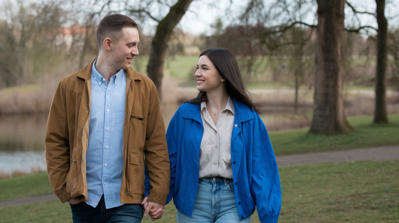 A couple walking hand in hand, smiling at each other outdoors.