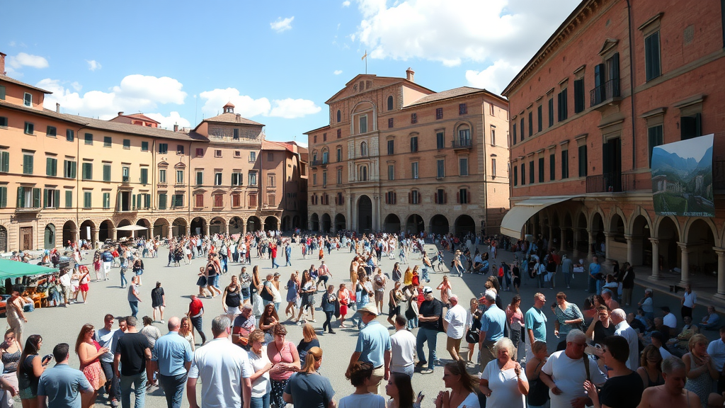 A bustling scene in Siena's Piazza del Campo with numerous people enjoying the square.