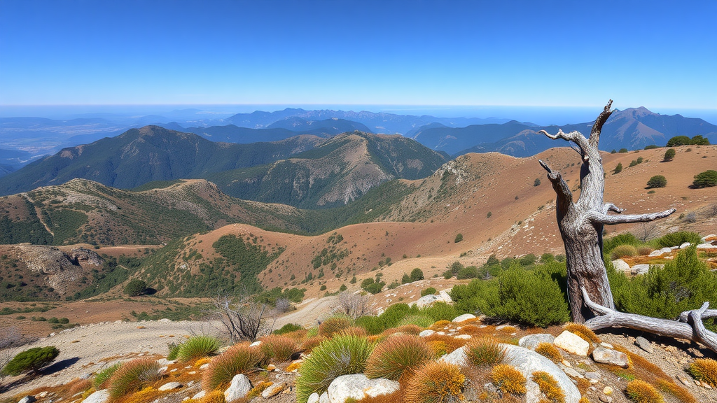 A panoramic view of Sierra de Guadarrama National Park featuring rolling hills, rocky terrain, and a clear blue sky.