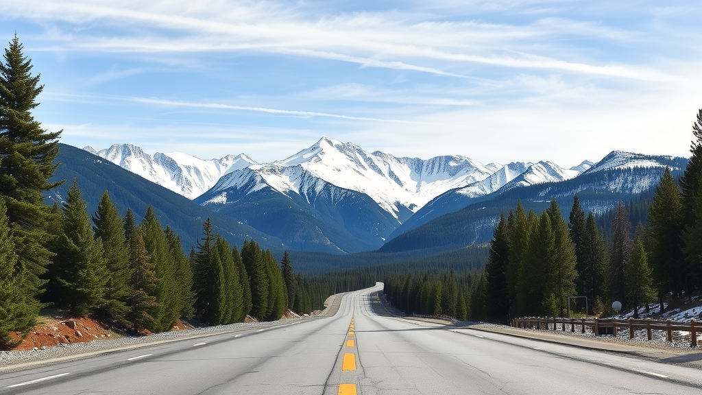 Scenic view of a road through the Sierra Nevada mountains with snow-capped peaks and greenery