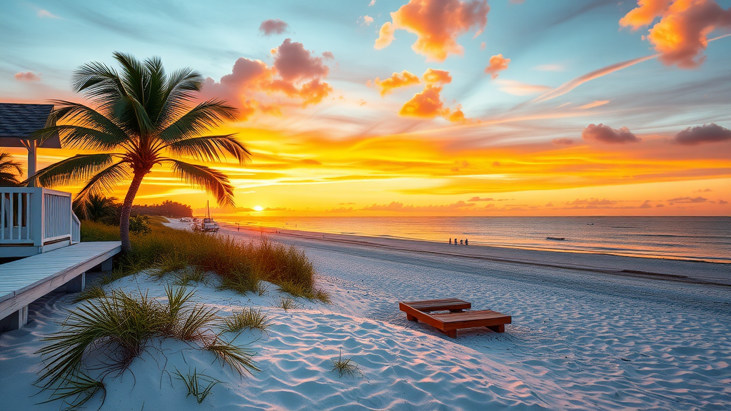 Siesta Key beach at sunset with people enjoying the shoreline.