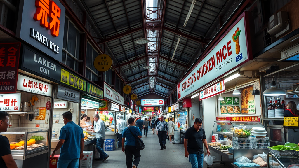 A bustling hawker center in Singapore with various food stalls and people walking around.