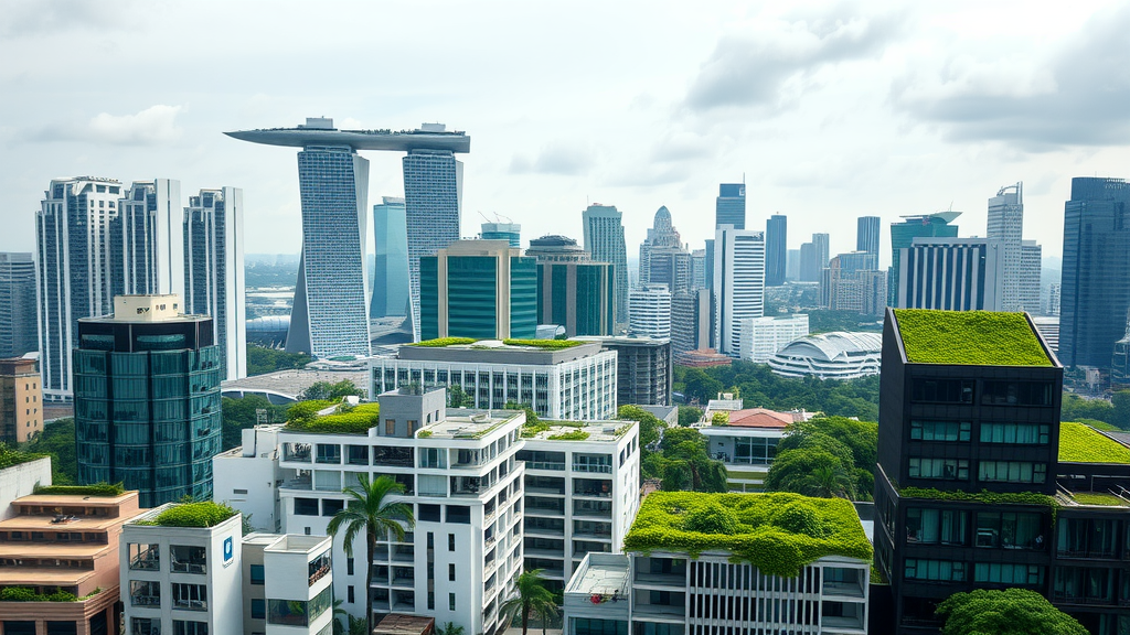 A panoramic view of Singapore's skyline featuring green rooftops and modern architecture.