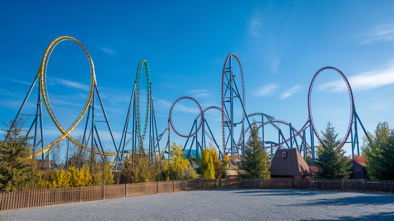 A colorful view of roller coasters at Six Flags Magic Mountain, California under a clear blue sky