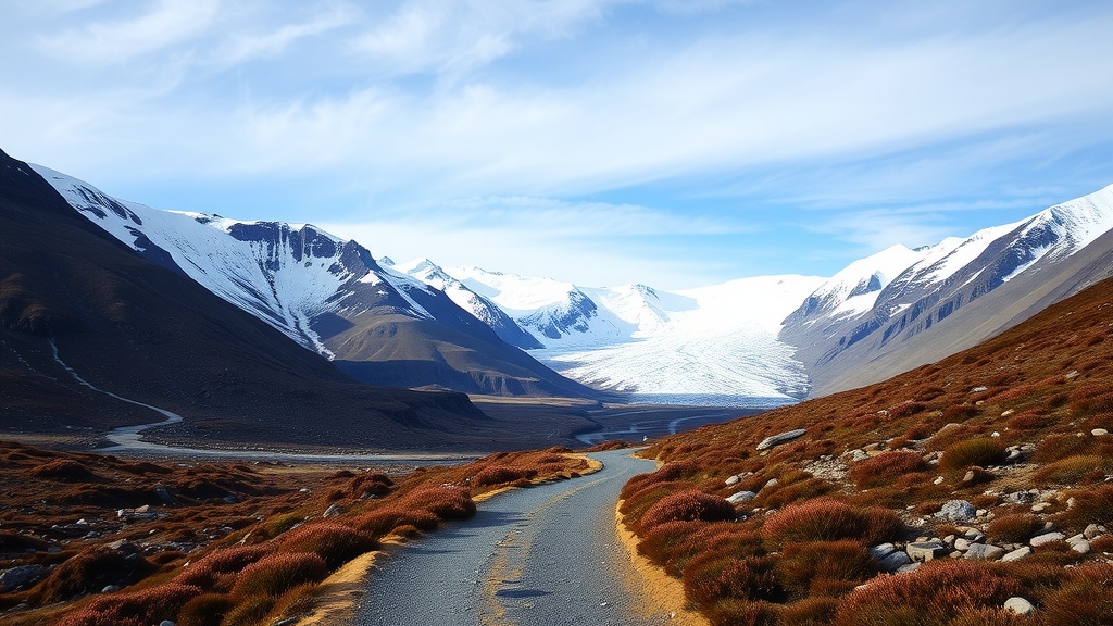 A scenic hiking trail in Skaftafell National Park with mountains and a glacier in the background.