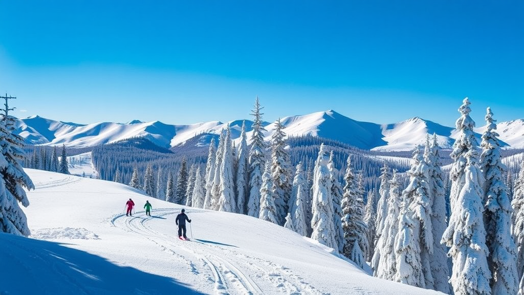 Skiers on a snowy slope surrounded by pine trees at Breckenridge Ski Resort.