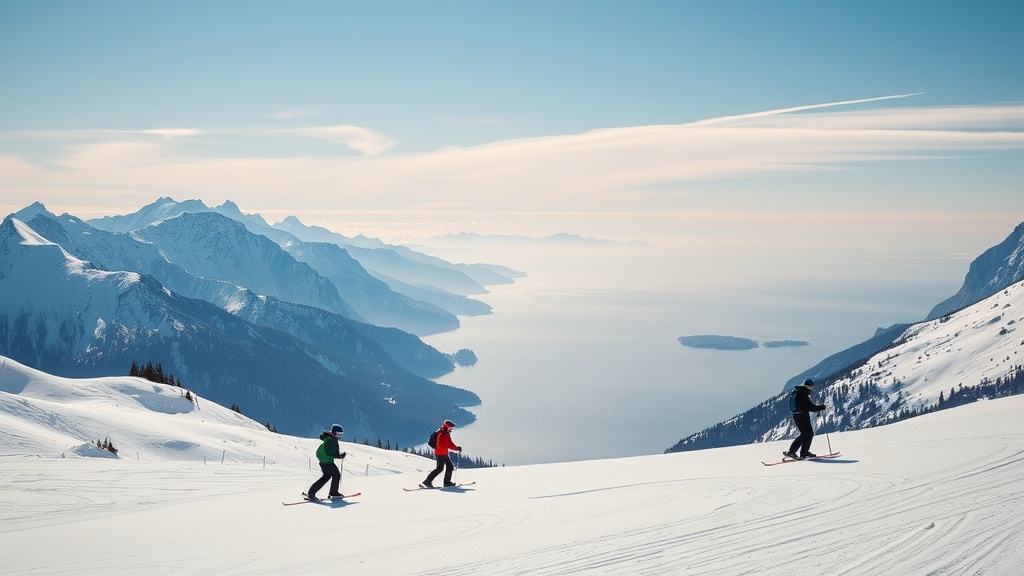 Skiers on a snowy slope with mountains and ocean in the background.