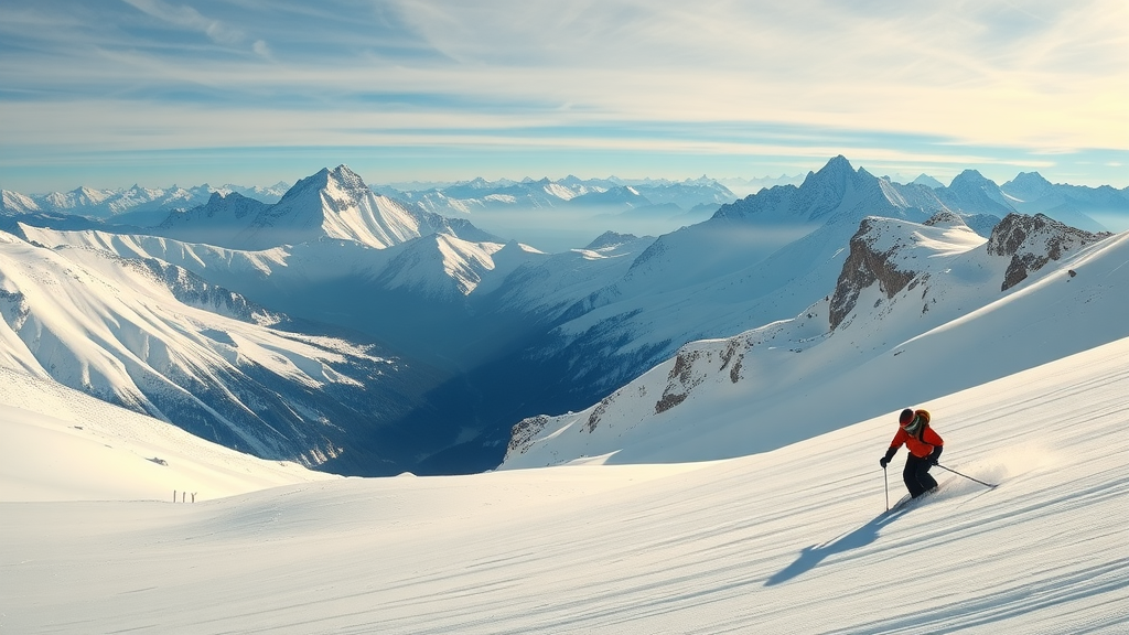 A skier on a snowy slope in the Alps with majestic mountains in the background.