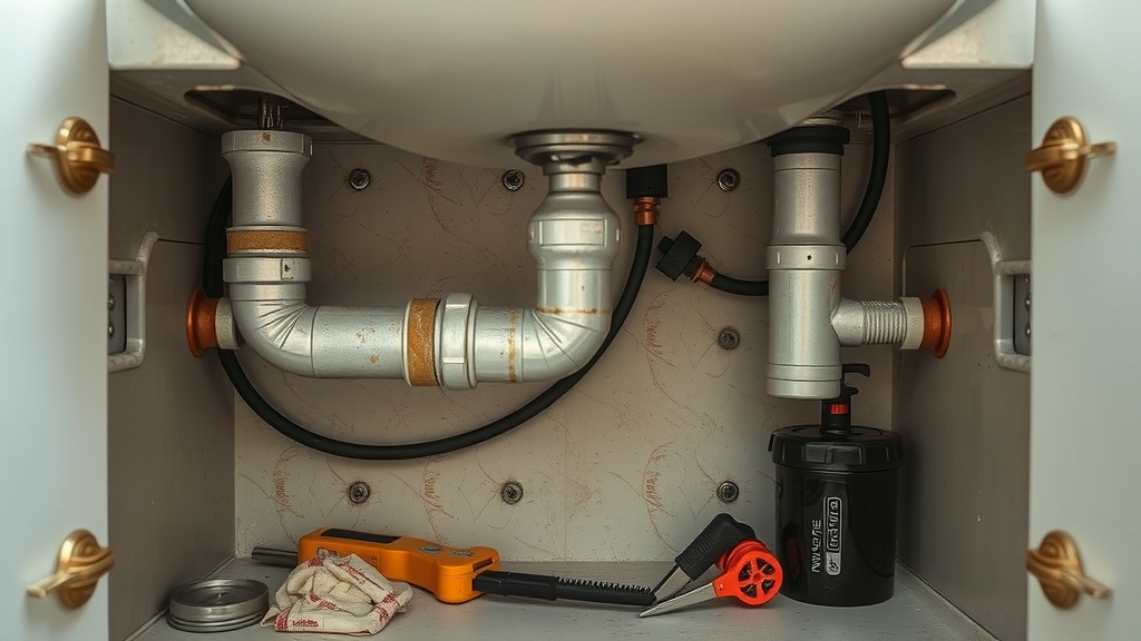 A person working on plumbing under a sink in a bathroom.