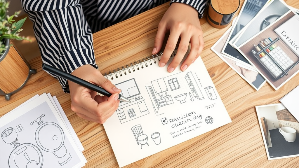 A person sketching bathroom designs in a notebook with images and drawings on the table.