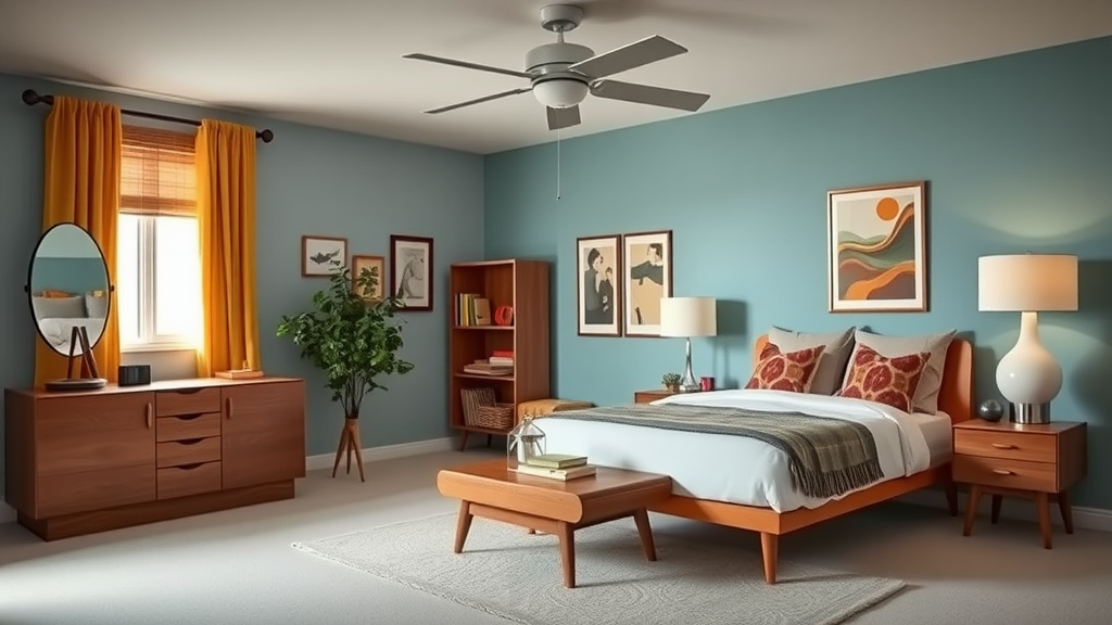 A stylish mid-century modern bedroom featuring wooden furniture, colorful accents, and a minimalist design.