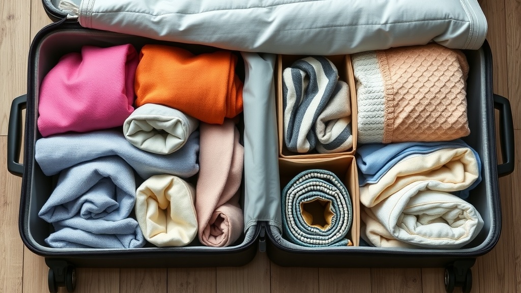 A neatly packed suitcase showing rolled and organized clothing.